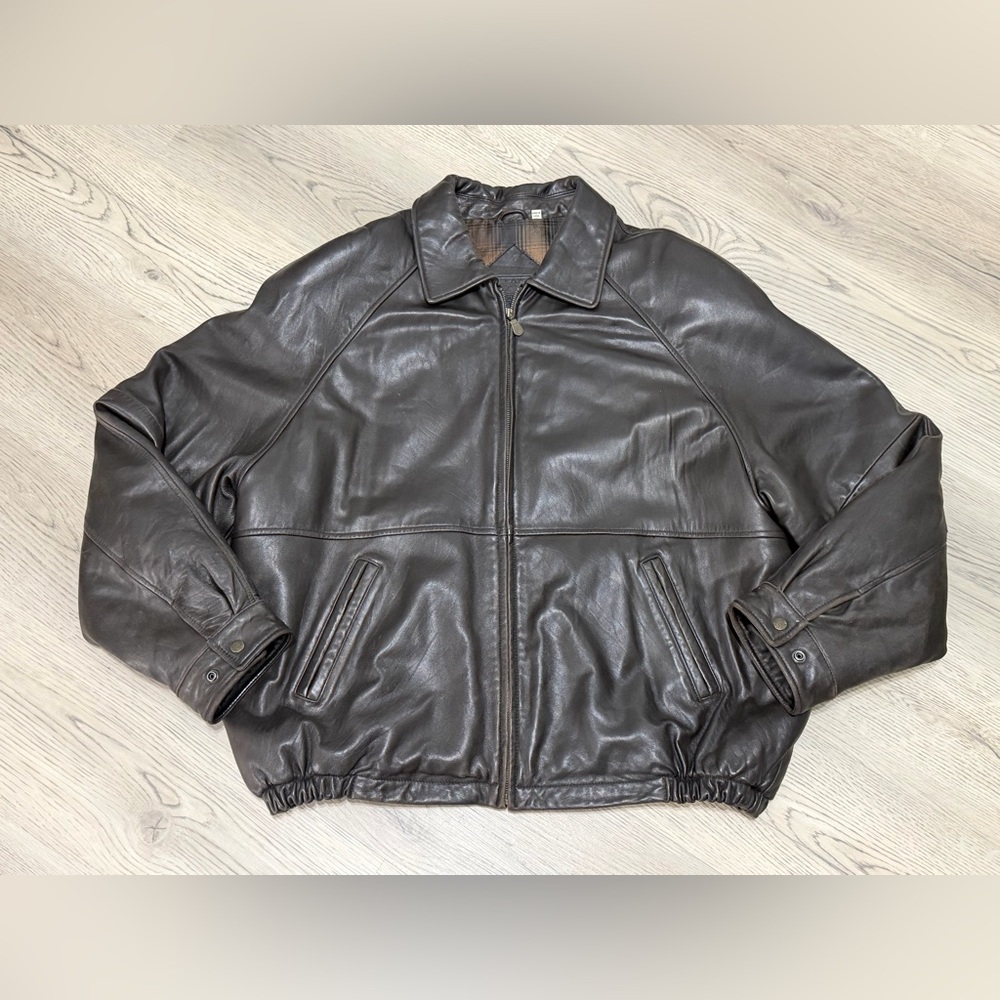 Vintage Roundtree Yorke Brown Lambskin Leather Bomber Jacket Plaid Lined Zip XL